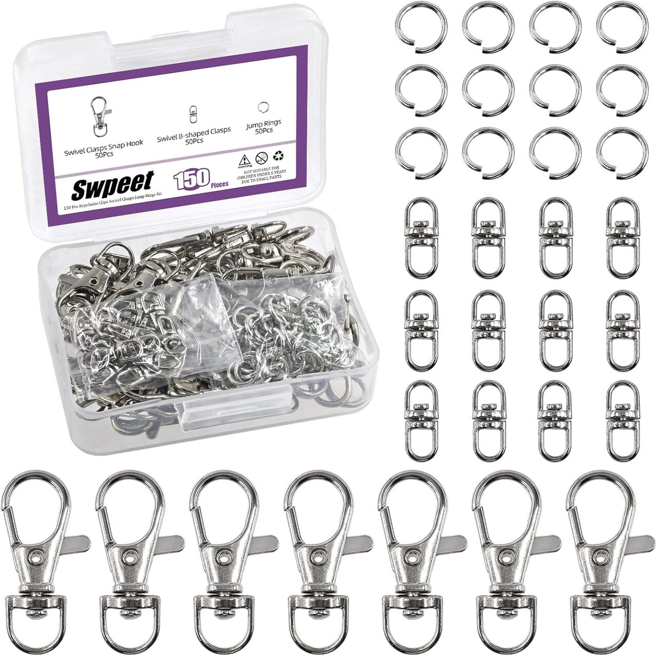 150-Piece Silver Keychain Making Kit – Includes 50 Swivel Lobster Claw Clasps, 50 Rotating 8-Shaped Buckle Clasps, 50 Jump Rings, Swivel Trigger Hooks, and Lanyard Snap Hooks for DIY Keychains